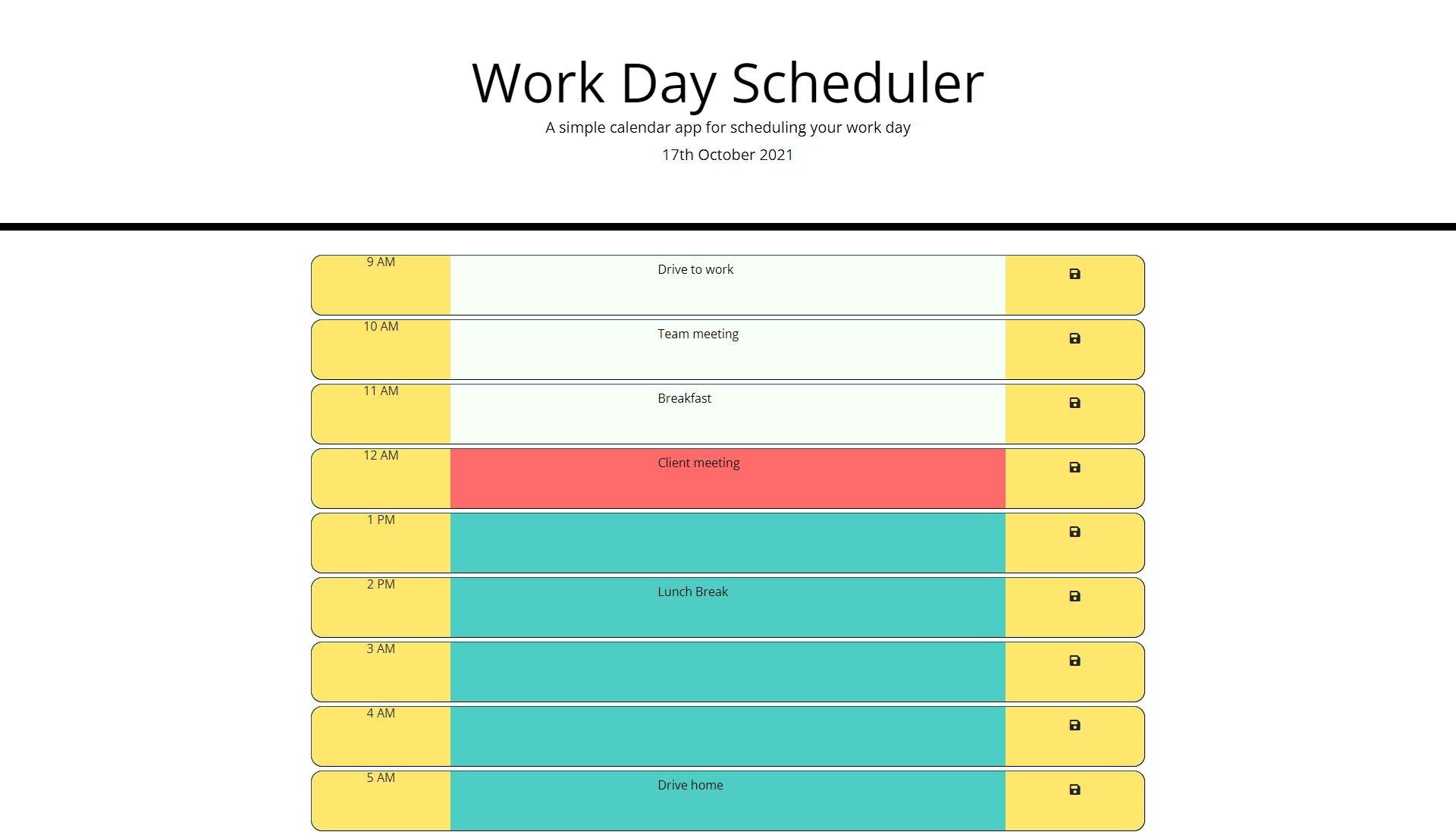 daily planner page illustrating a 9 hour container with time, activity and save icon