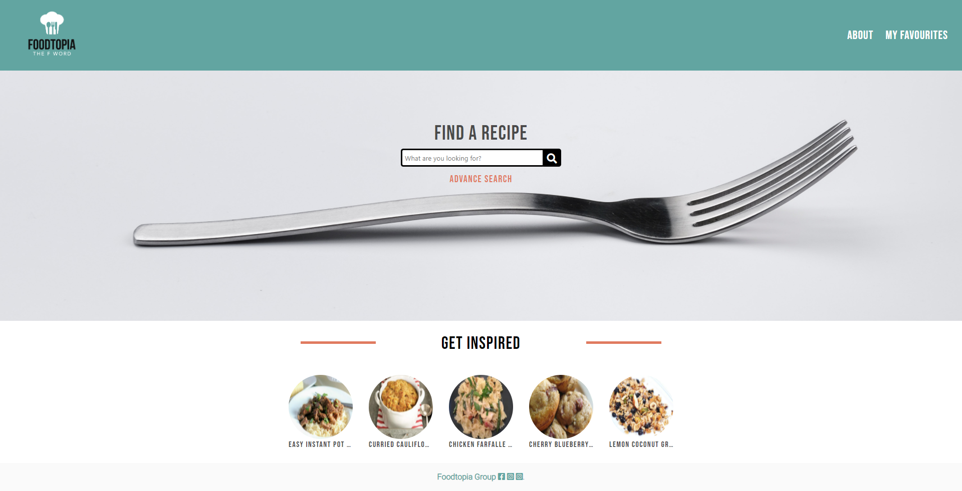 landing page of Foodtopia app illustrating a navigation bar with search bar and random recipes