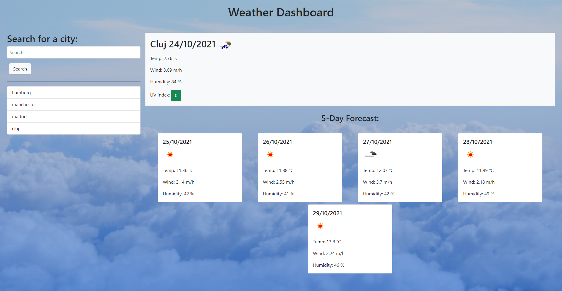 Weather dashboard search results page illustrating a current weather card and 5-days forecast weather cards